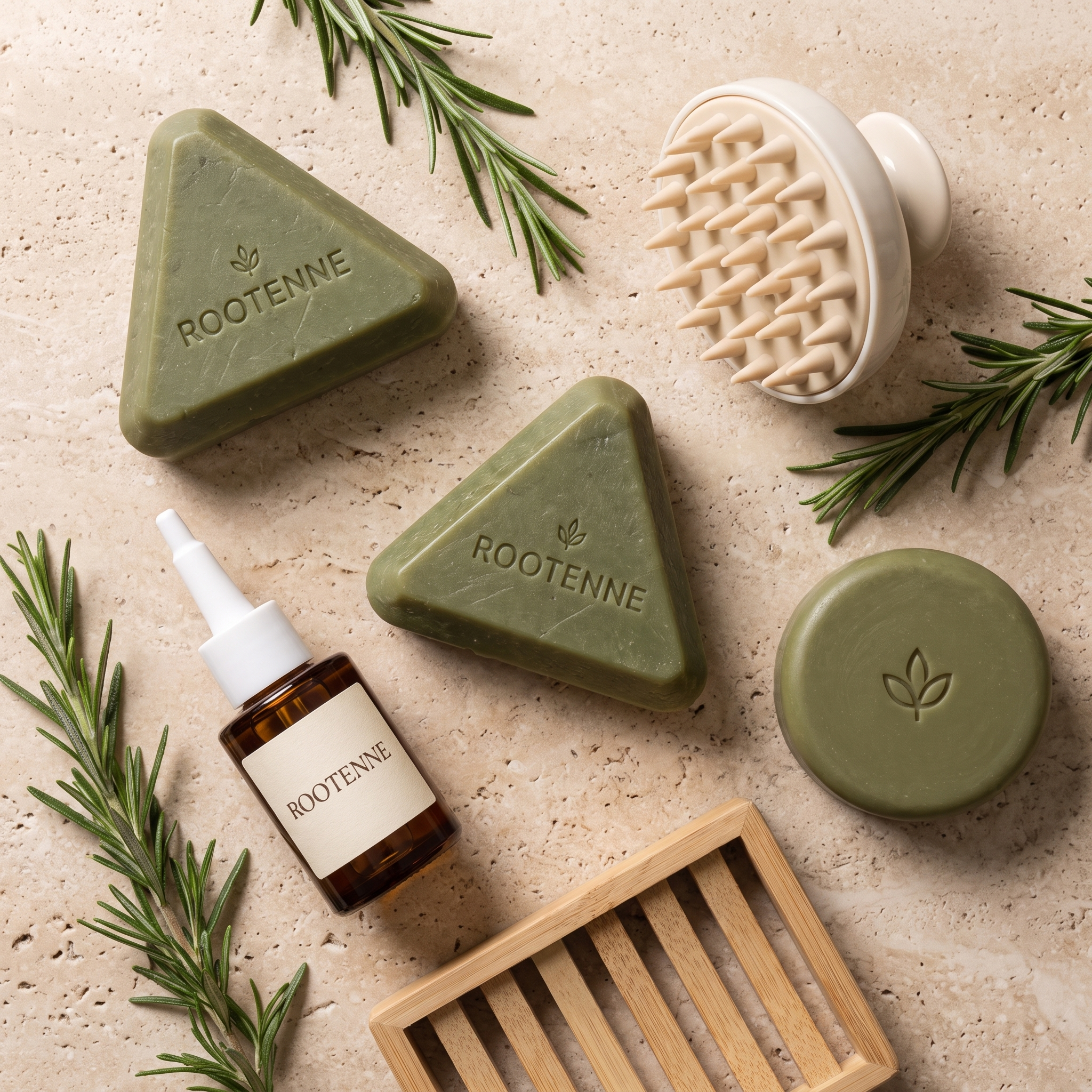 Korean Scalp Ritual: dos champús sólidos ROOTENNE, acondicionador, aceite capilar, cepillo de masaje y jabonera de bambú