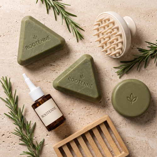 Korean Scalp Ritual: dos champús sólidos ROOTENNE, acondicionador, aceite capilar, cepillo de masaje y jabonera de bambú