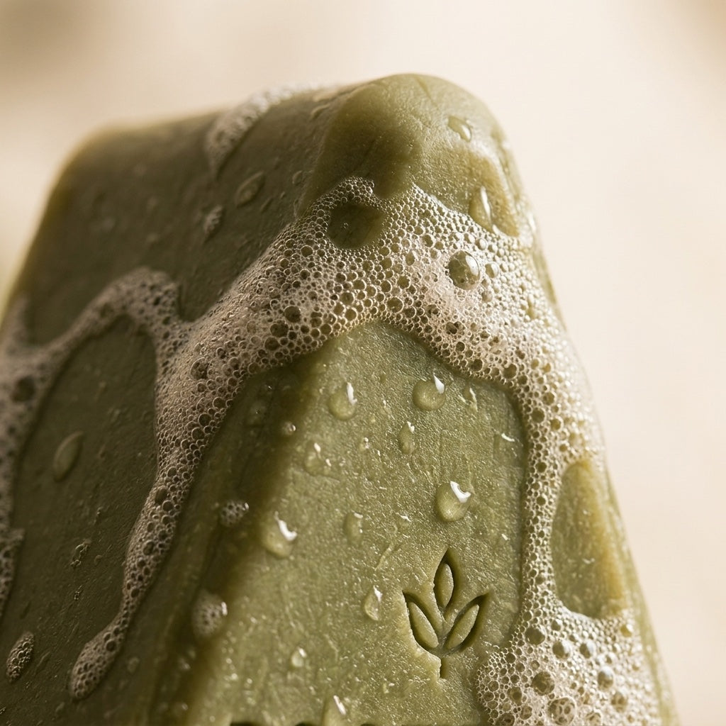 Textura del champú sólido con espuma y gotas de agua