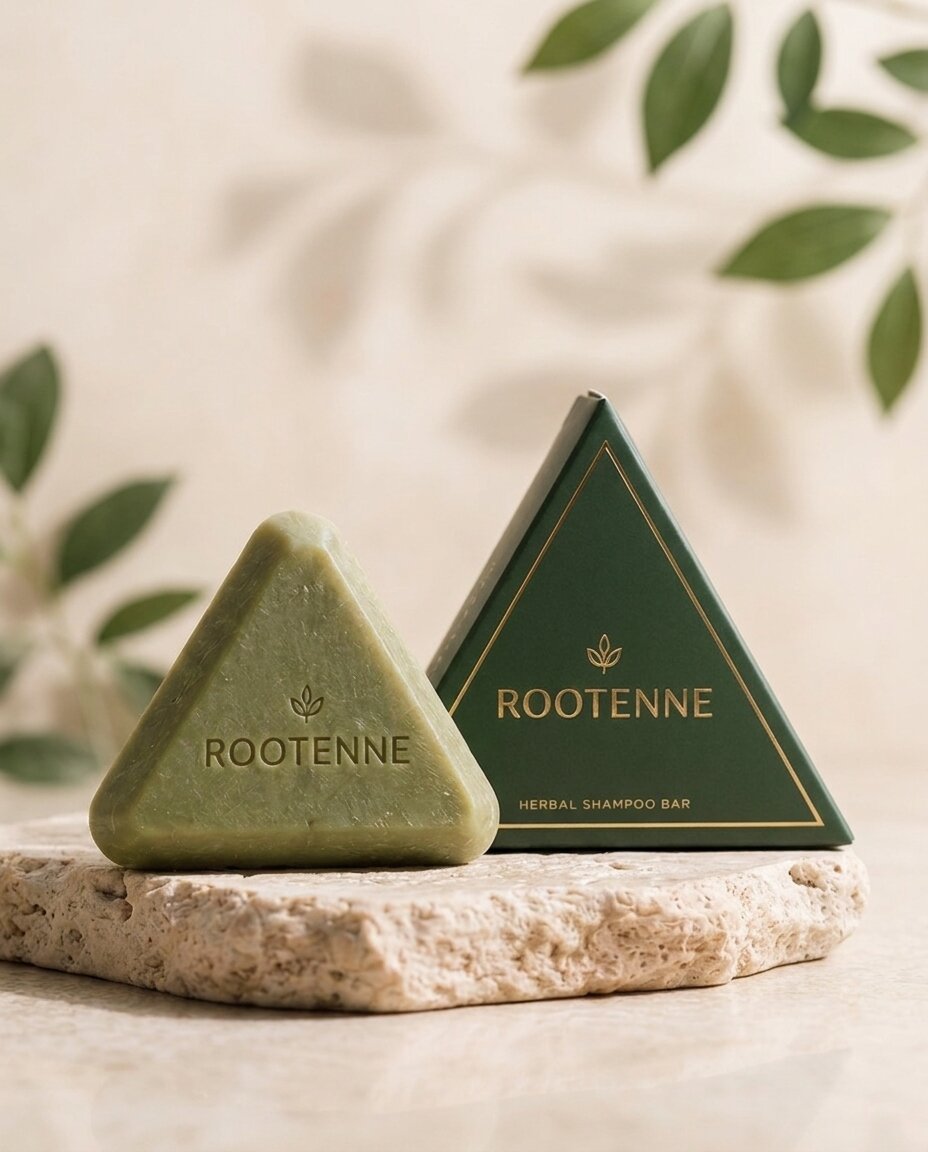 Caja triangular verde de ROOTENNE con detalle dorado junto al champú